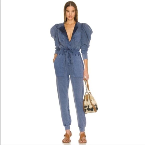 Ulla Johnson Indigo Acid Blue Sadie Puff-Sleeve 6-pocket Banded Cuffs Jumpsuit S - Picture 3 of 13
